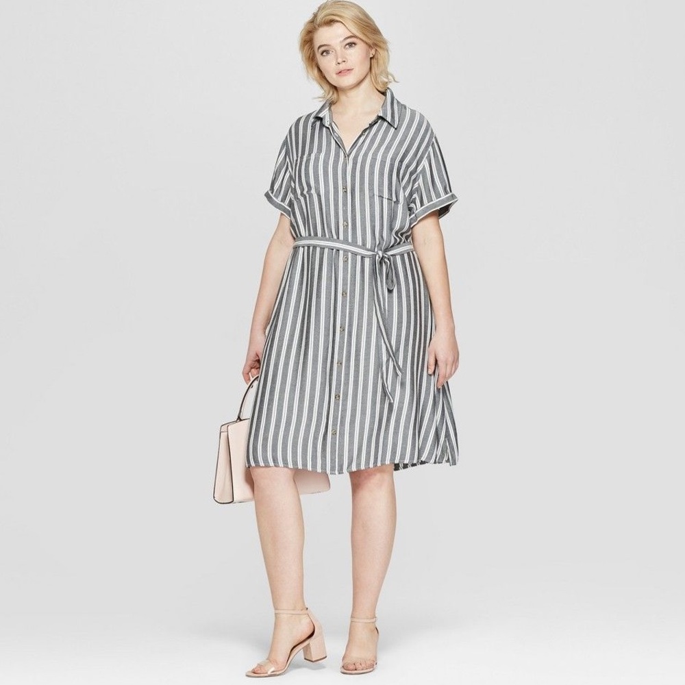NWOT| Ava & Viv Gray and White Striped Dress